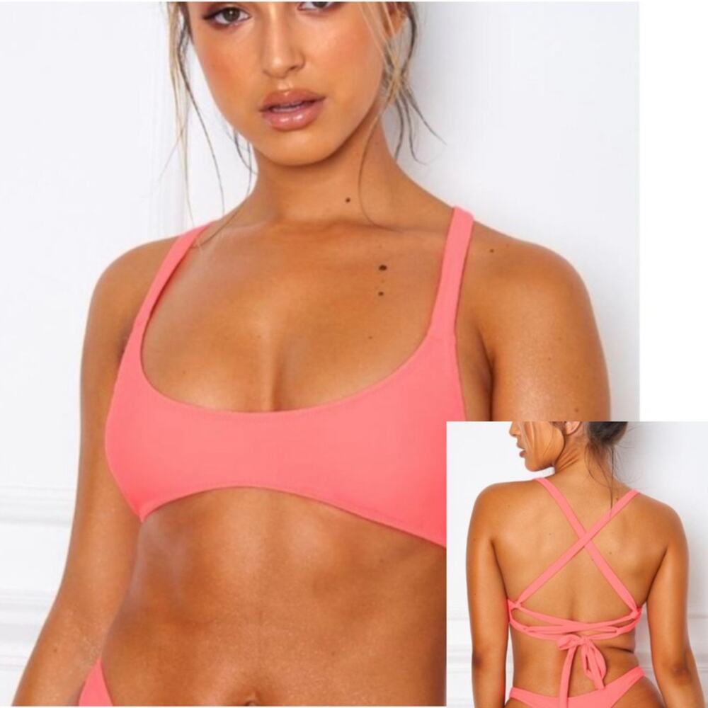 NWT White Fox Boutique Swim Isla Neon Coral Tie Back Triangle‎ Bikini Top Size S